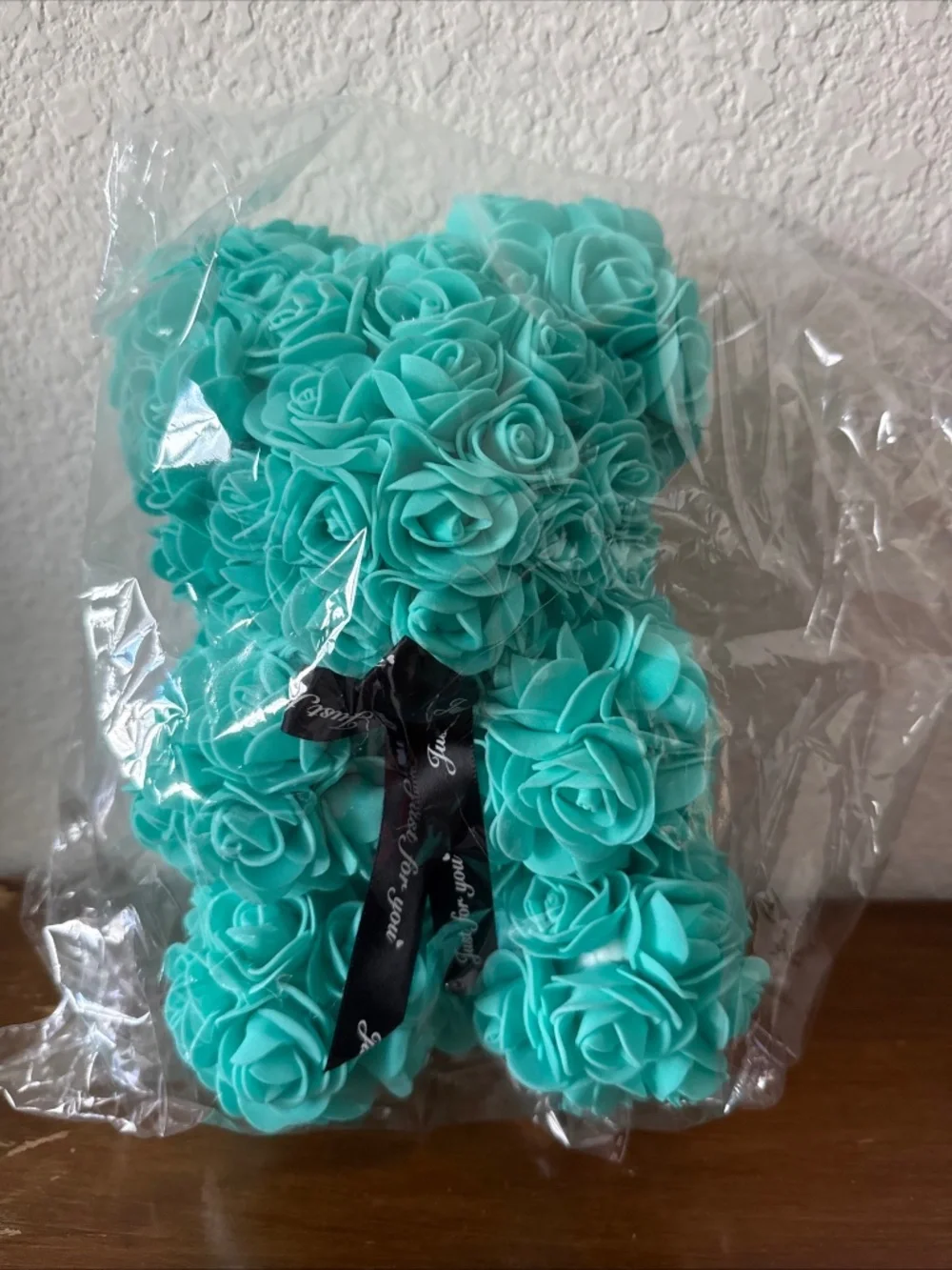 Rose Teddy Bear Teal Blue Foam Flowers 10 inch Unique Gift for Her or Birthday